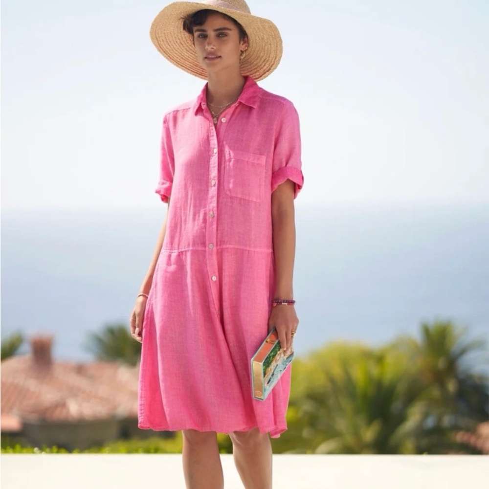 Relaxed Pink Button-Front Midi Shirt Dress
